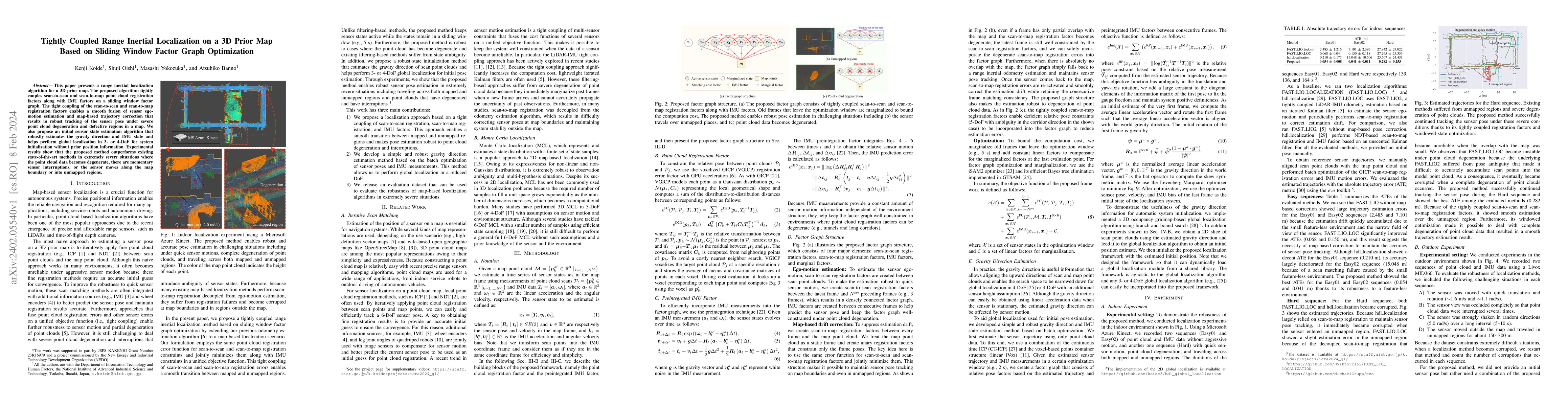 Thumbnail for Tightly Coupled Range Inertial Localization on a 3D Prior Map Based on
  Sliding Window Factor Graph Optimization