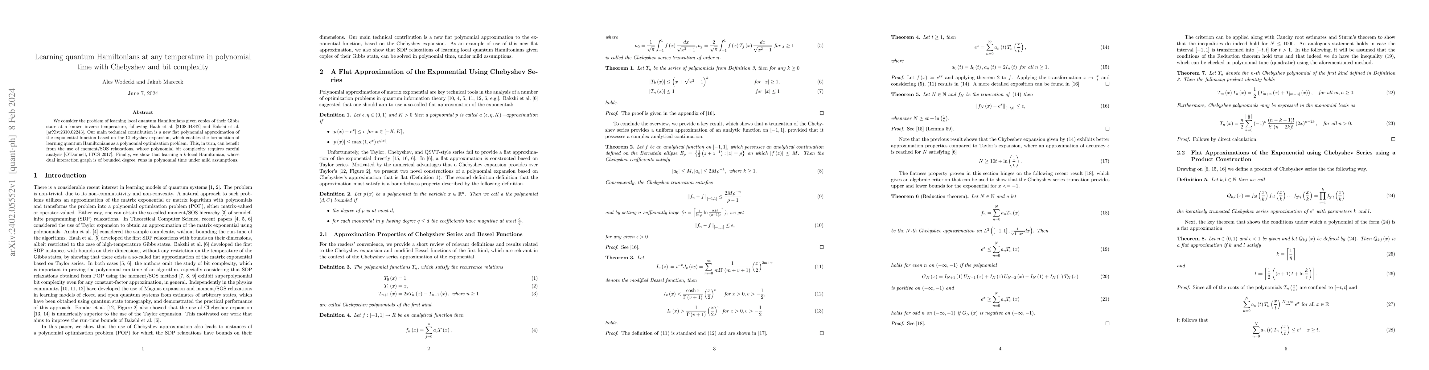 Thumbnail for Learning quantum Hamiltonians at any temperature in polynomial time with
  Chebyshev and bit complexity