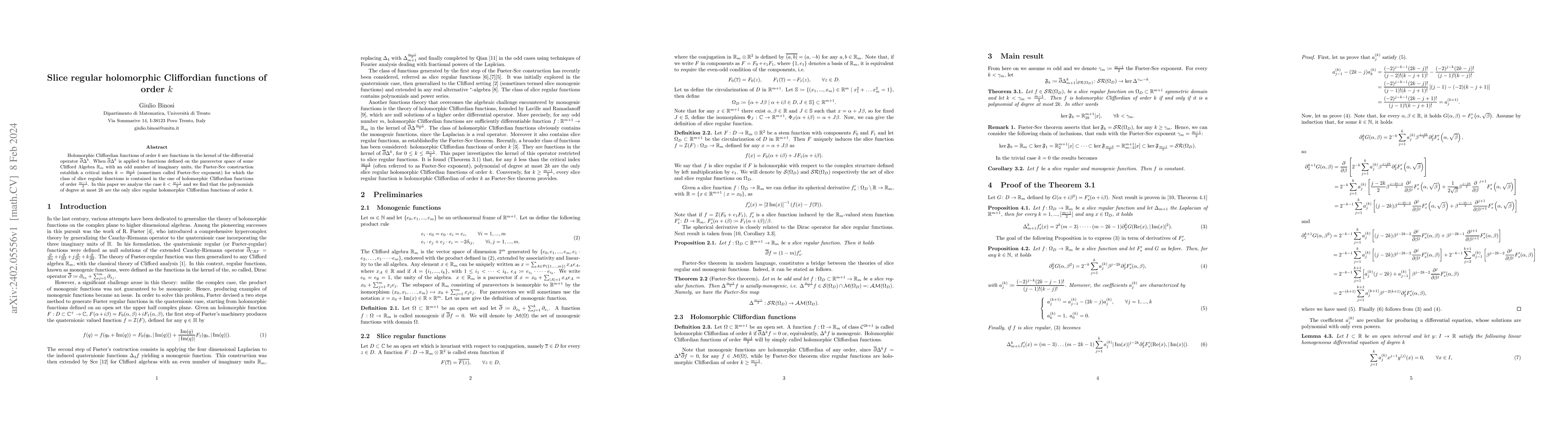 Thumbnail for Slice regular holomorphic Cliffordian functions of order $k$