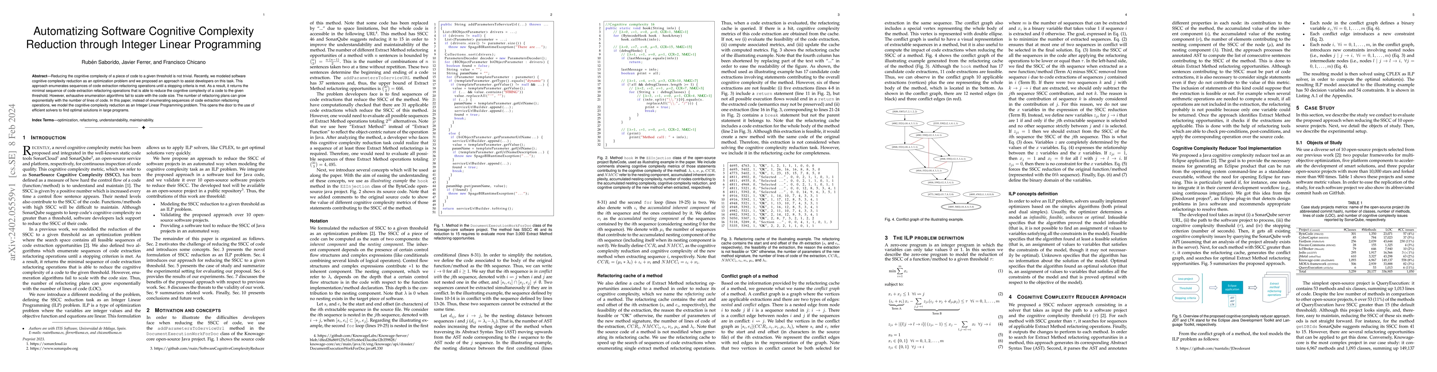 Thumbnail for Automatizing Software Cognitive Complexity Reduction through Integer
  Linear Programming