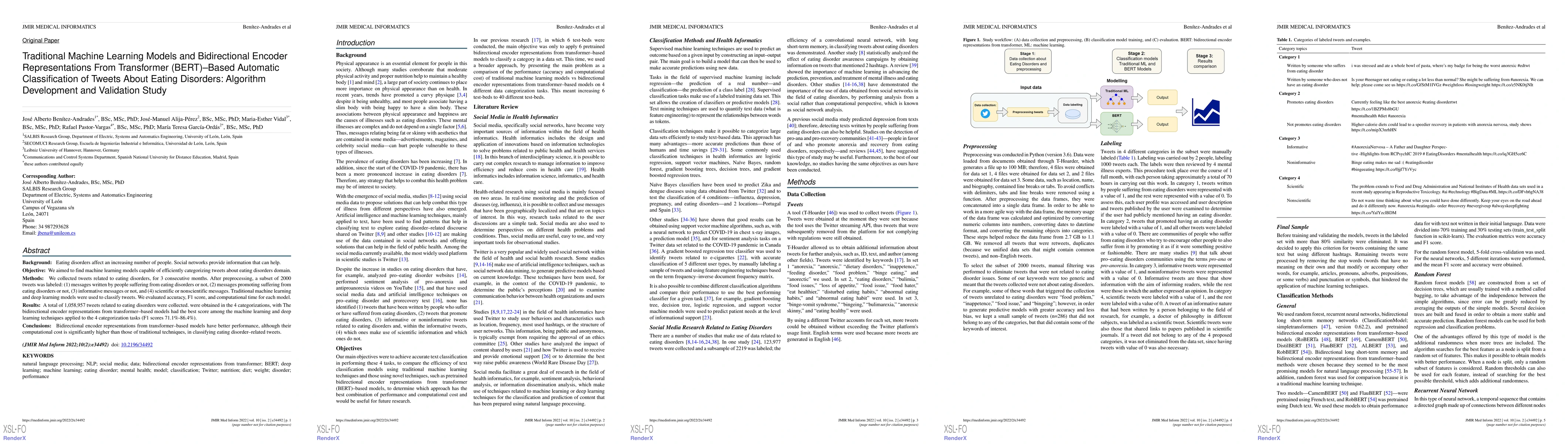 Thumbnail for Traditional Machine Learning Models and Bidirectional Encoder
  Representations From Transformer (BERT)-Based Automatic Classification of
  Tweets About Eating Disorders: Algorithm Development and Validation Study