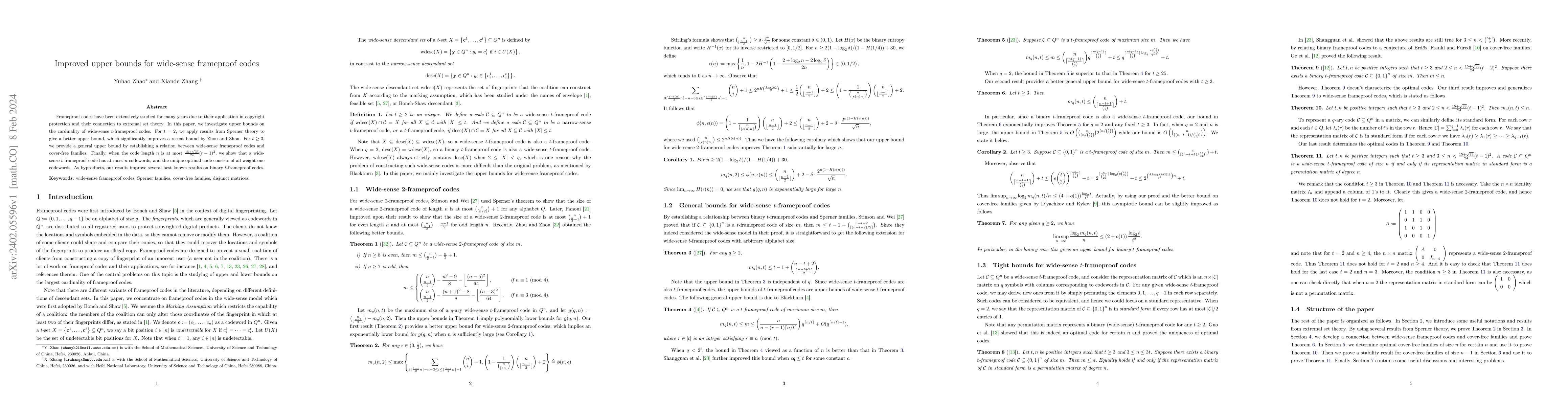 Thumbnail for Improved upper bounds for wide-sense frameproof codes