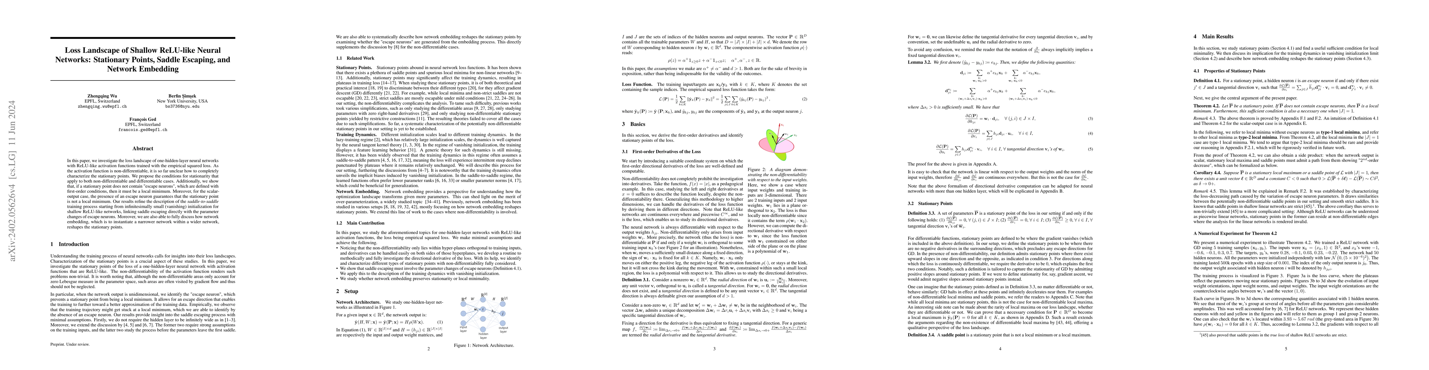 Thumbnail for Loss Landscape of Shallow ReLU-like Neural Networks: Stationary Points,
  Saddle Escaping, and Network Embedding