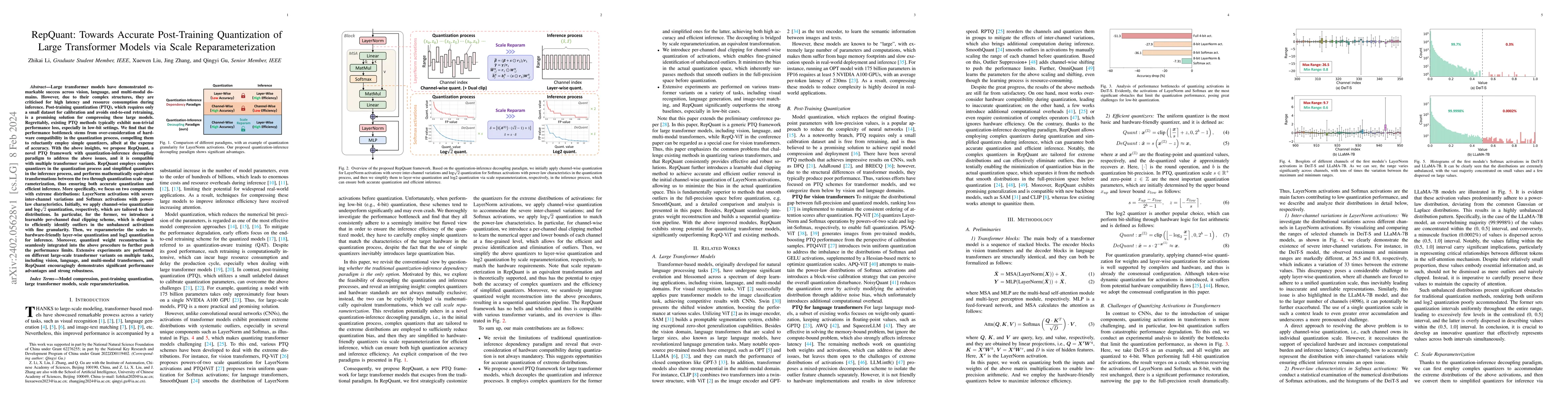 Thumbnail for RepQuant: Towards Accurate Post-Training Quantization of Large
  Transformer Models via Scale Reparameterization