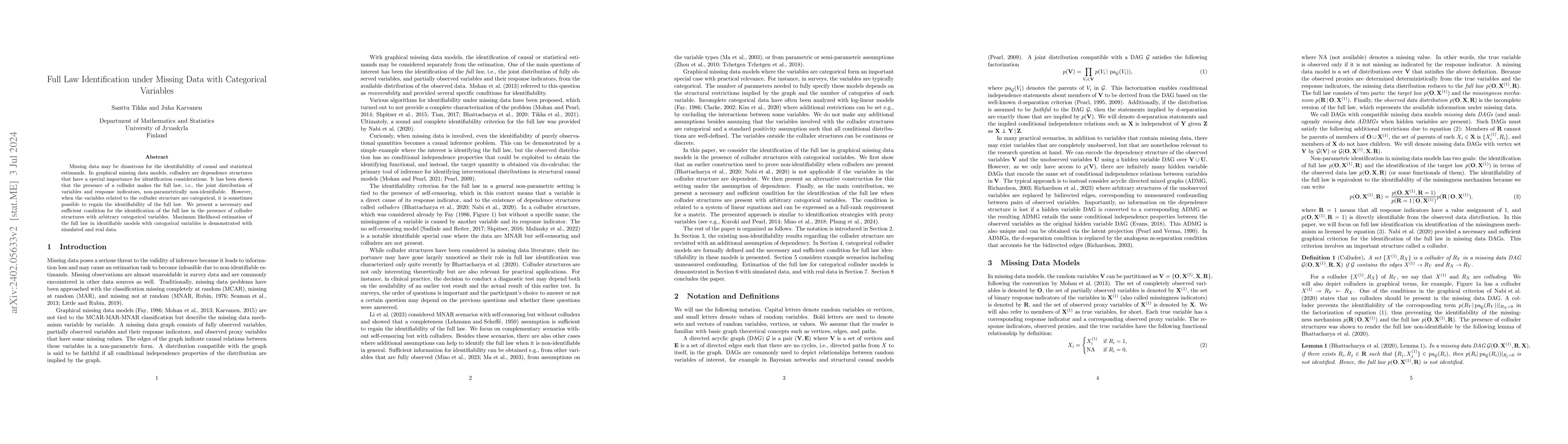 Thumbnail for Full Law Identification under Missing Data with Categorical Variables