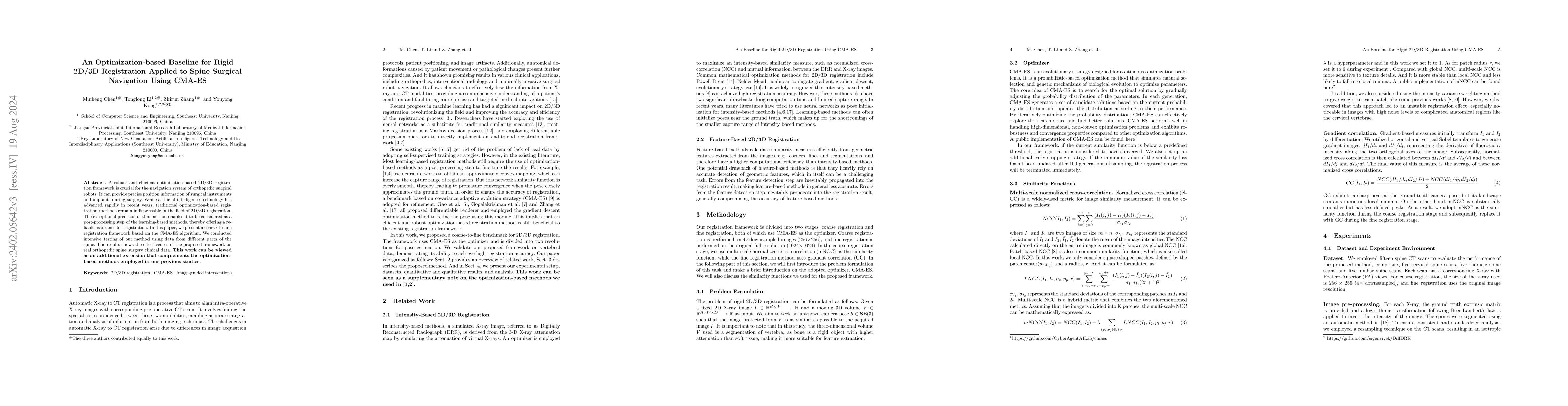 Thumbnail for An Optimization-based Baseline for Rigid 2D/3D Registration Applied to
  Spine Surgical Navigation Using CMA-ES