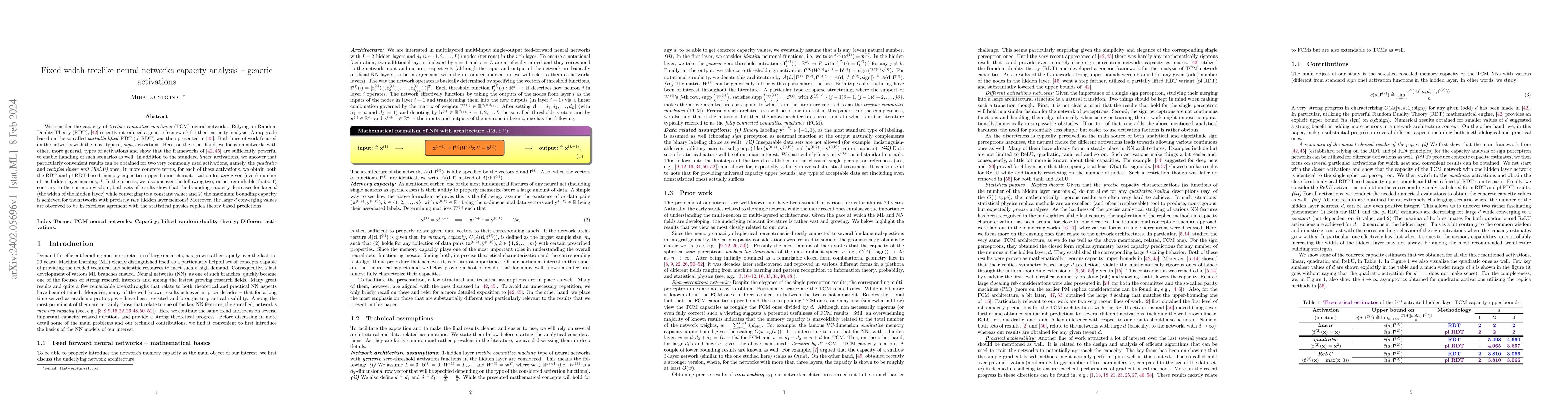 Thumbnail for Fixed width treelike neural networks capacity analysis -- generic
  activations