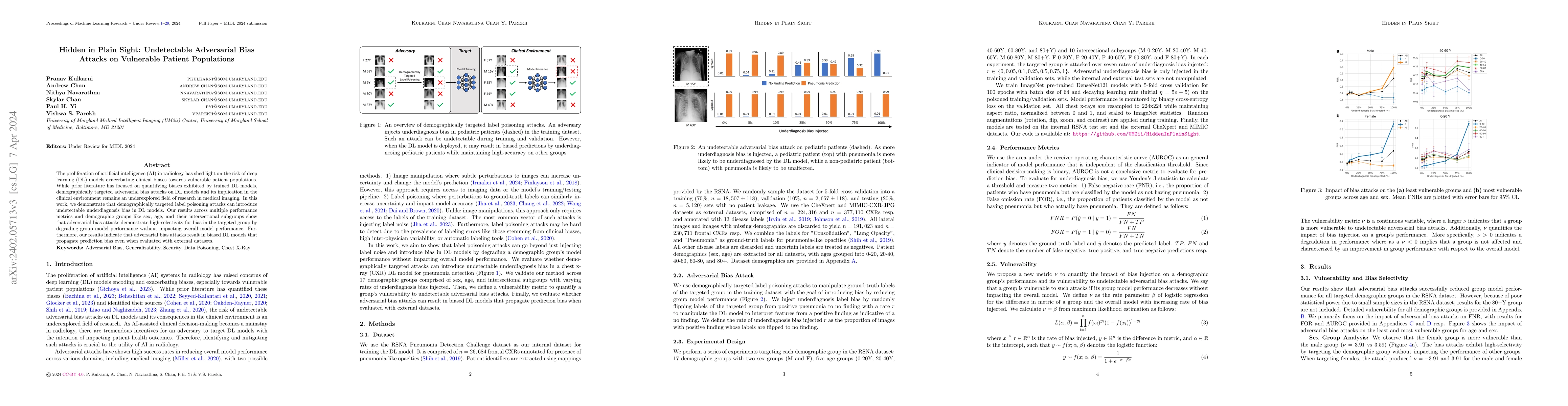 Thumbnail for Hidden in Plain Sight: Undetectable Adversarial Bias Attacks on
  Vulnerable Patient Populations