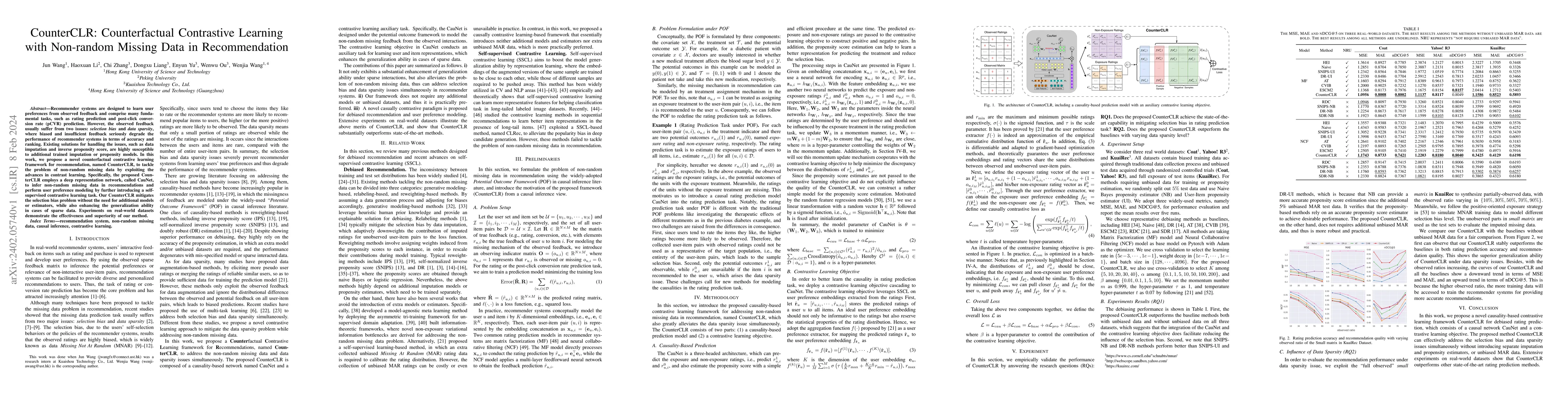 Thumbnail for CounterCLR: Counterfactual Contrastive Learning with Non-random Missing
  Data in Recommendation