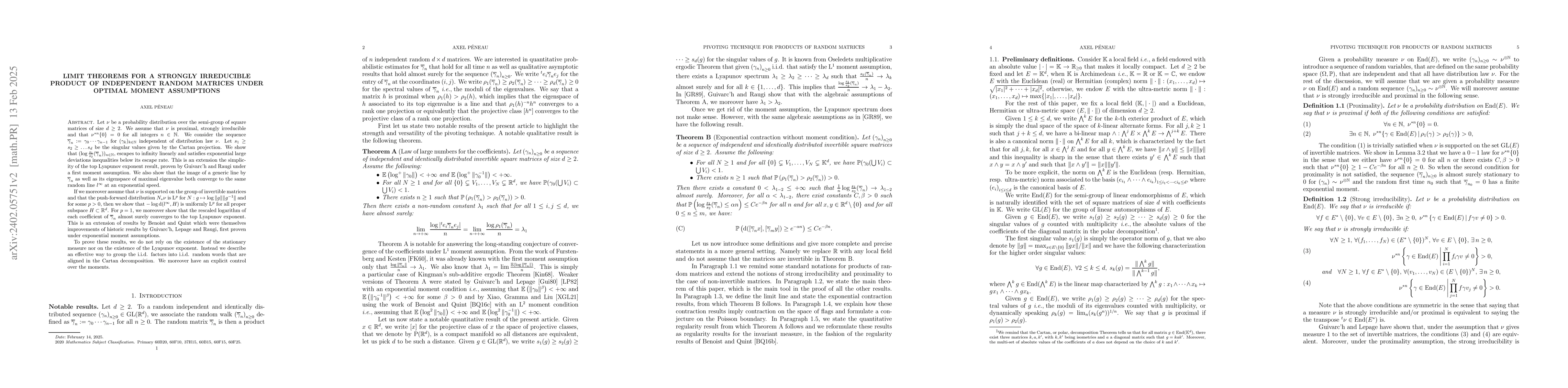 Thumbnail for Limit theorems for a strongly irreducible product of independent random
  matrices with optimal moment conditions