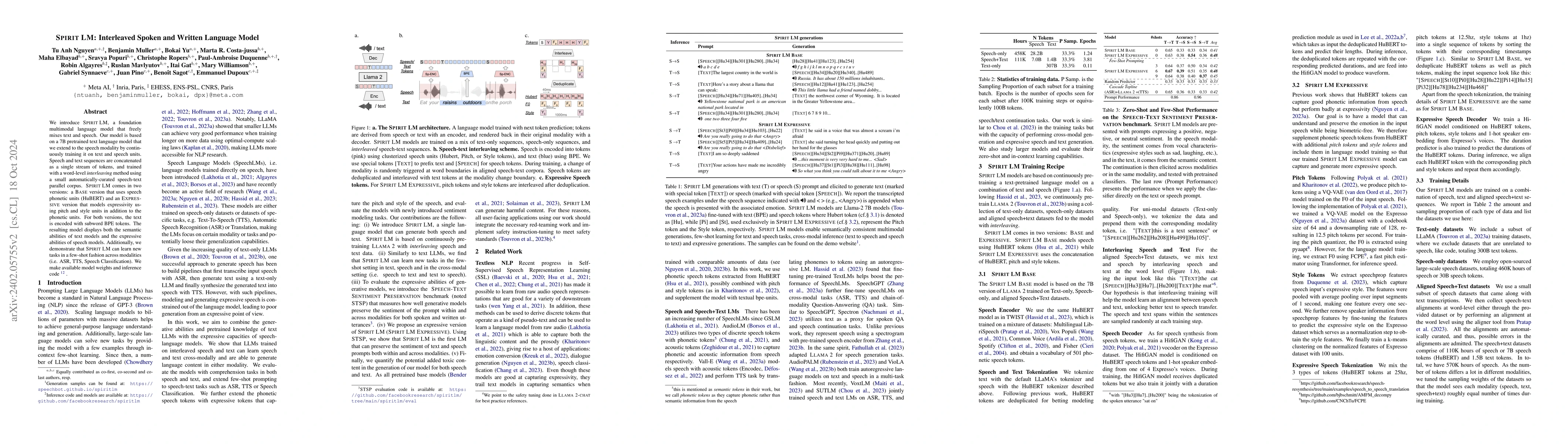 Thumbnail for SpiRit-LM: Interleaved Spoken and Written Language Model