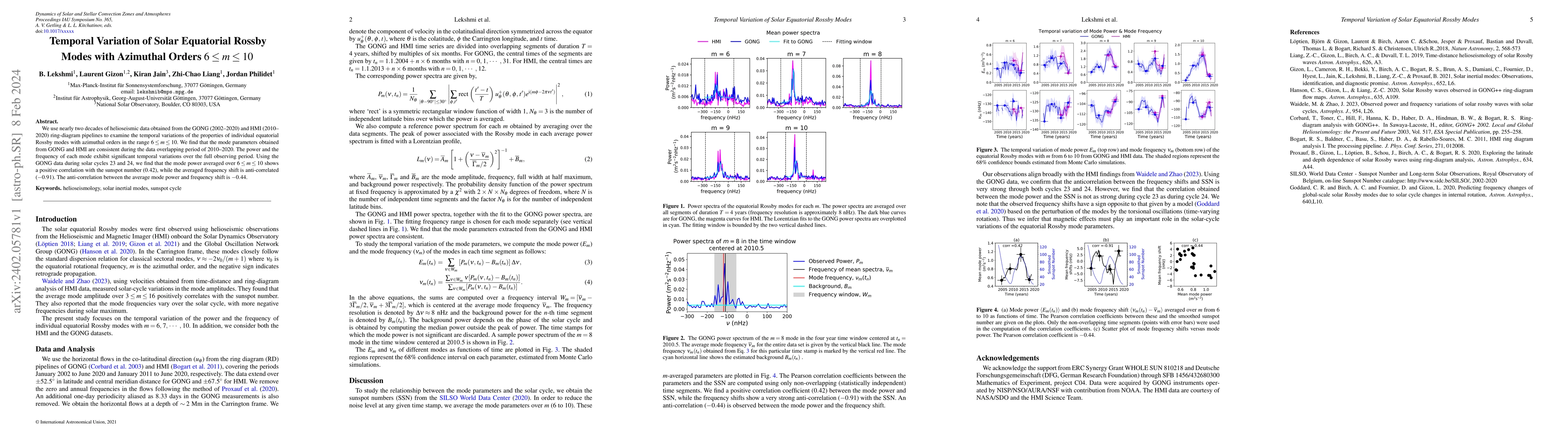 Thumbnail for Temporal Variation of Solar Equatorial Rossby Modes with Azimuthal
  Orders $6\leq m \leq 10$