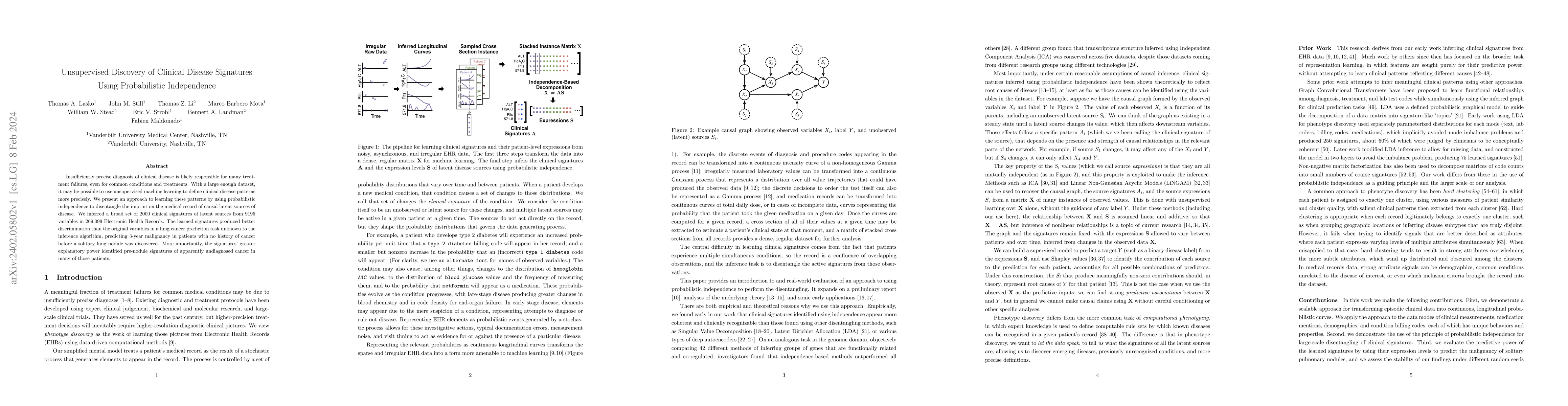 Thumbnail for Unsupervised Discovery of Clinical Disease Signatures Using
  Probabilistic Independence