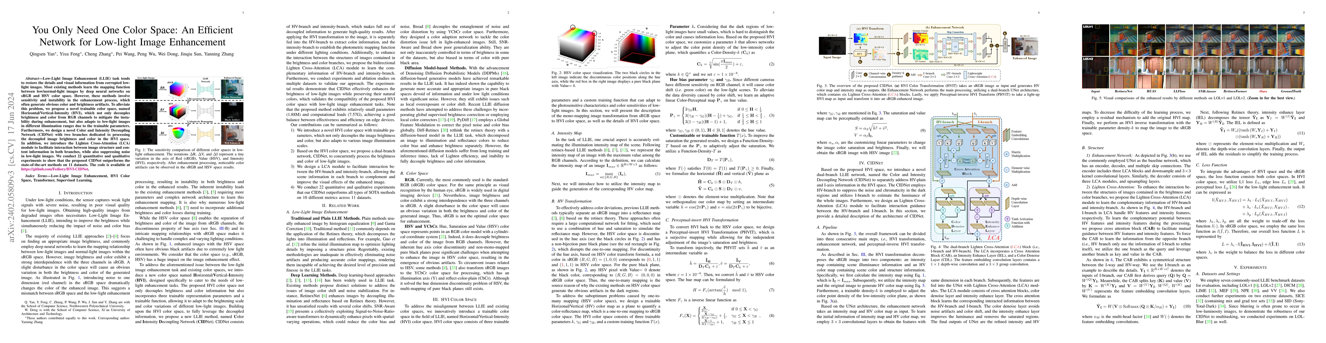 Thumbnail for You Only Need One Color Space: An Efficient Network for Low-light Image
  Enhancement