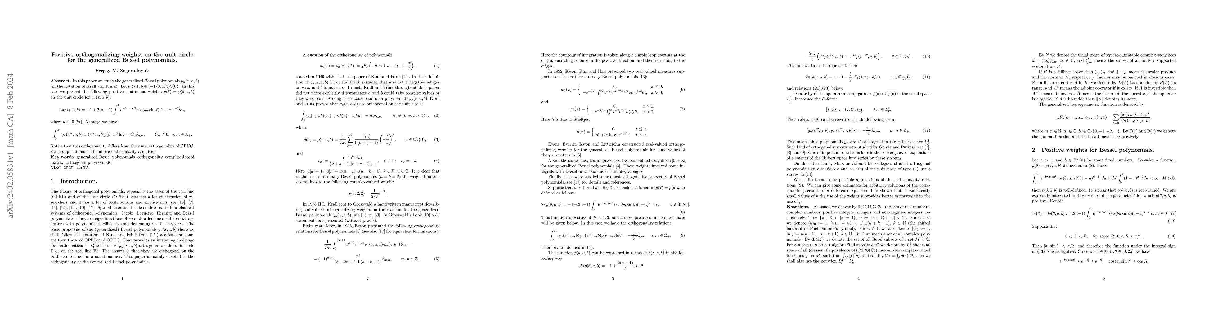 Thumbnail for Positive orthogonalizing weights on the unit circle for the generalized
  Bessel polynomials