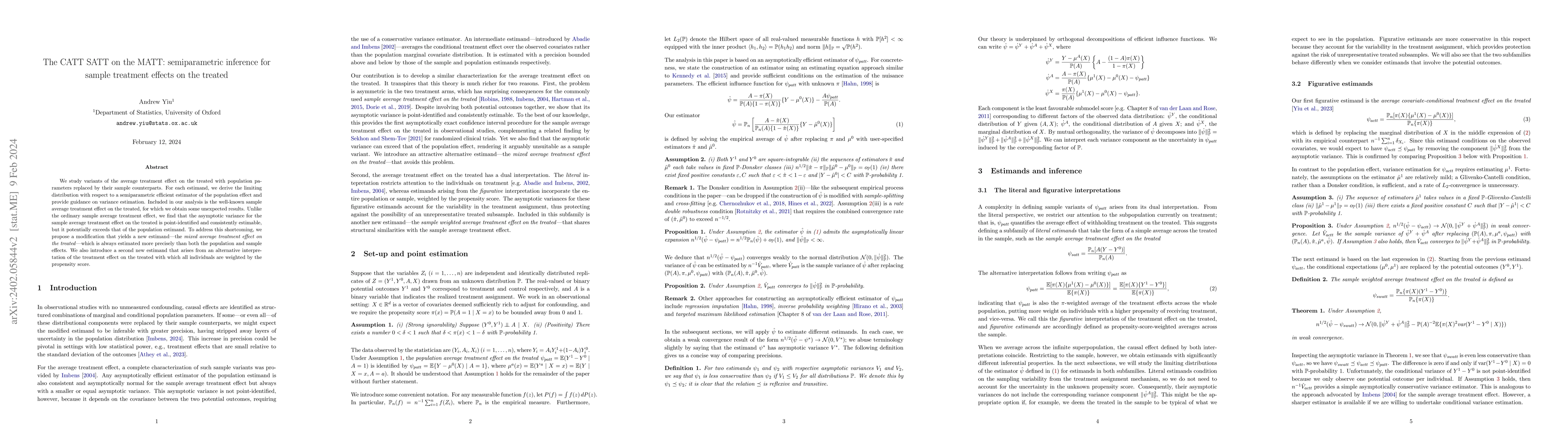 Thumbnail for The CATT SATT on the MATT: semiparametric inference for sample treatment
  effects on the treated