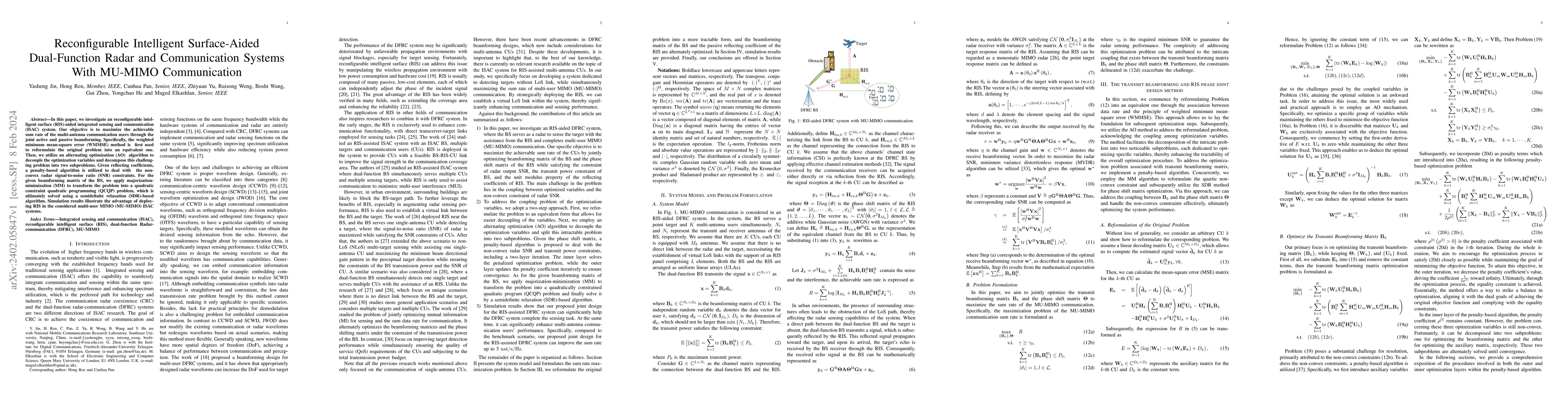 Thumbnail for Reconfigurable Intelligent Surface-Aided Dual-Function Radar and
  Communication Systems With MU-MIMO Communication