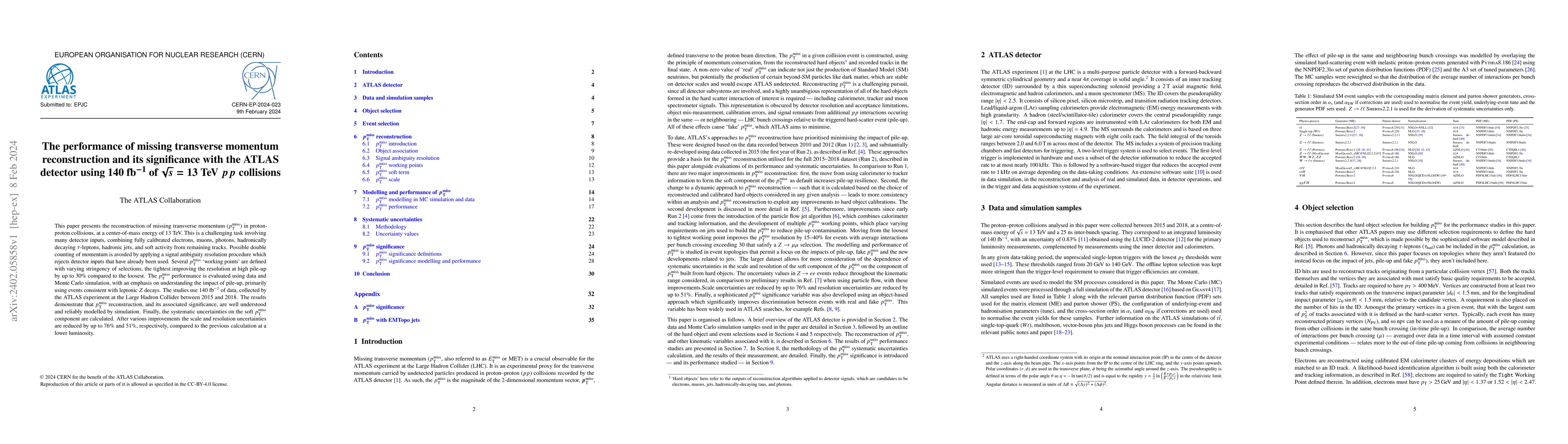 Thumbnail for The performance of missing transverse momentum reconstruction and its
  significance with the ATLAS detector using 140 fb$^{-1}$ of $\sqrt{s}=13$ TeV
  $pp$ collisions