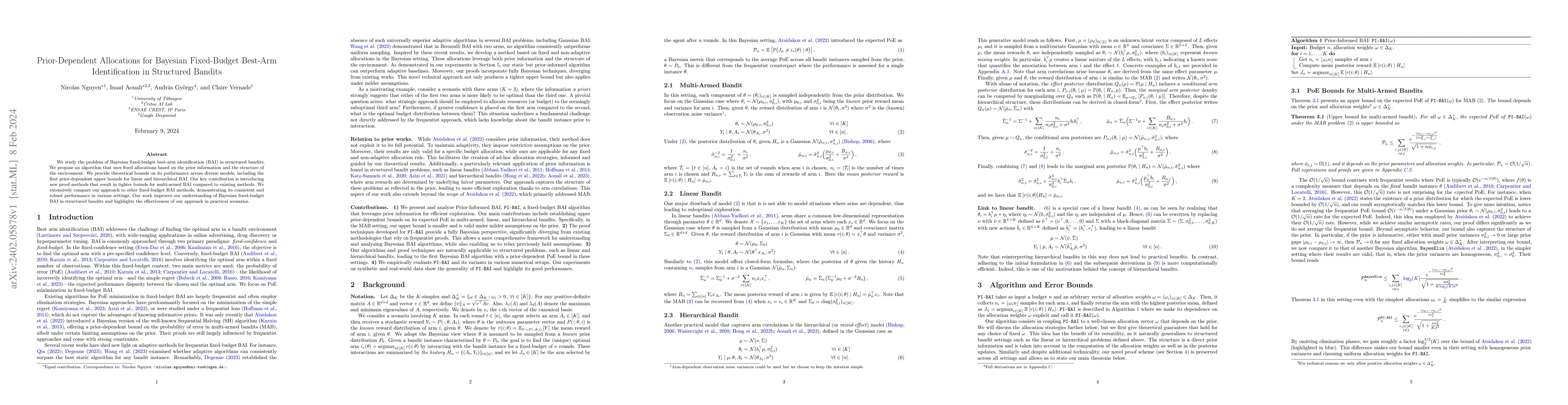 Thumbnail for Prior-Dependent Allocations for Bayesian Fixed-Budget Best-Arm
  Identification in Structured Bandits