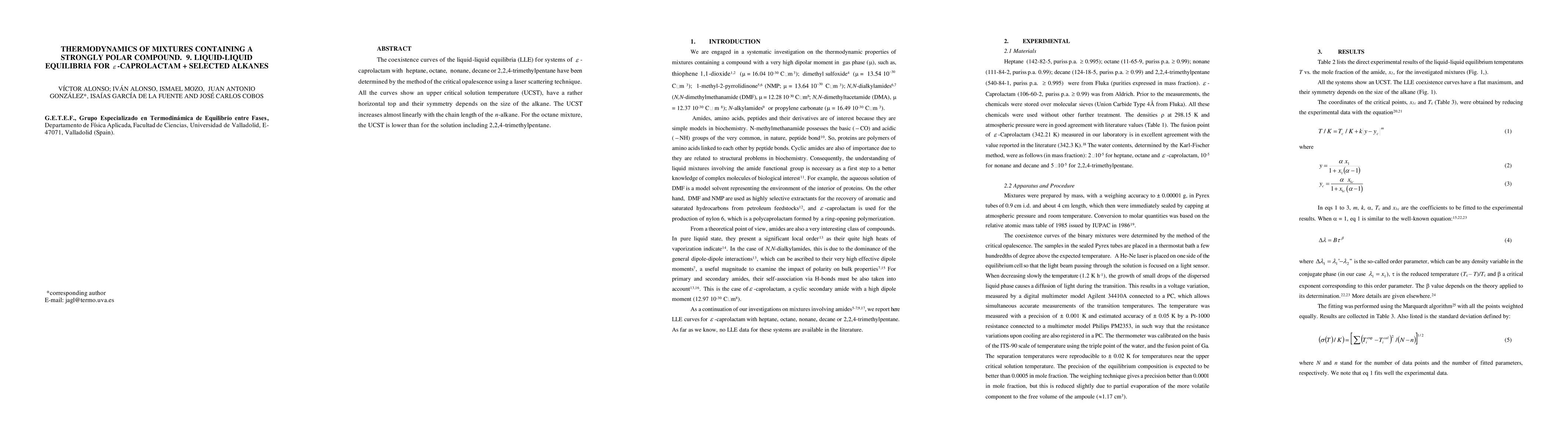 Thumbnail for Thermodynamics of Mixtures Containing a Strongly Polar Compound. 9.
  Liquid-Liquid Equilibria for $\epsilon$-CAPROLACTAM + Selected Alkanes