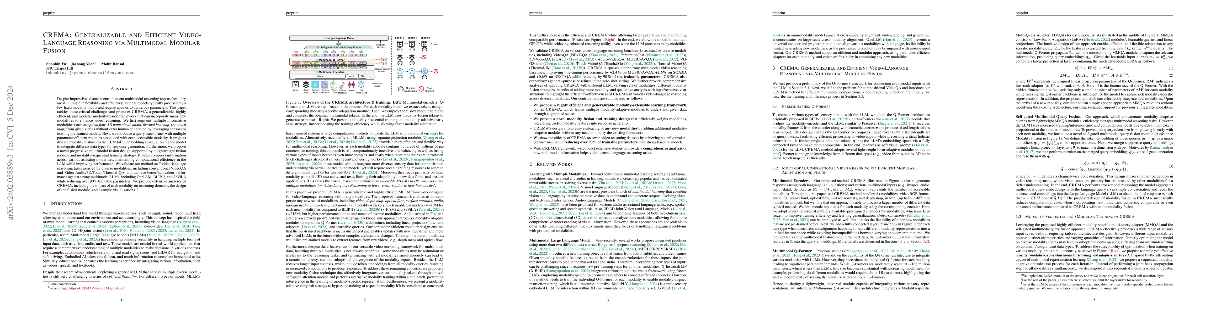 Thumbnail for CREMA: Generalizable and Efficient Video-Language Reasoning via
  Multimodal Modular Fusion