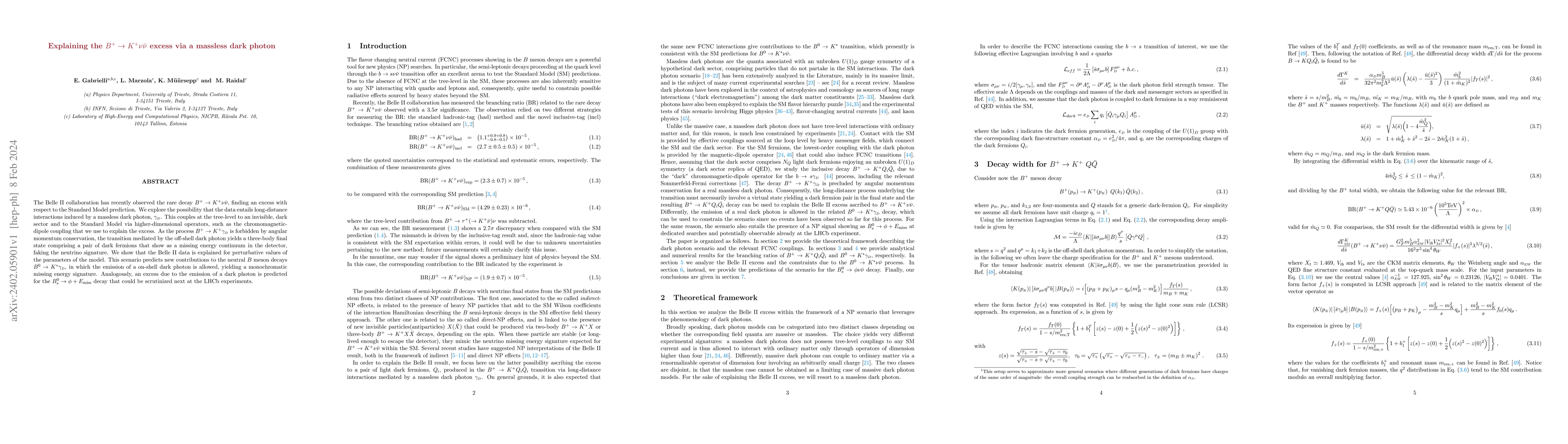 Thumbnail for Explaining the $B^+\to K^+ \nu \bar{\nu}$ excess via a massless dark
  photon