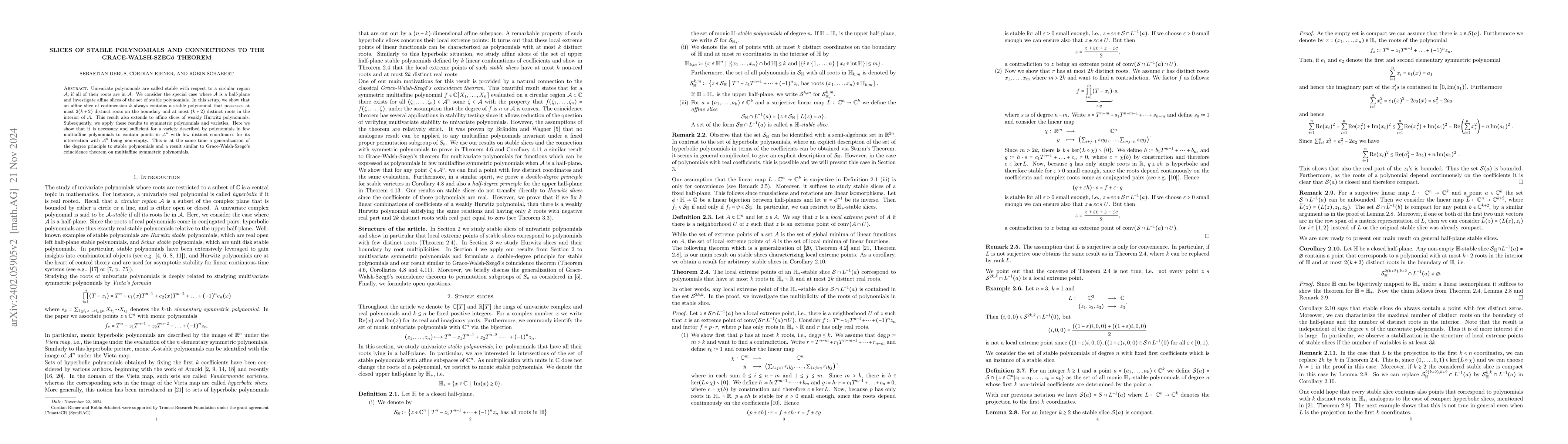 Thumbnail for Stable and Hurwitz slices, a degree principle and a generalized
  Grace-Walsh-Szeg\H{o} theorem