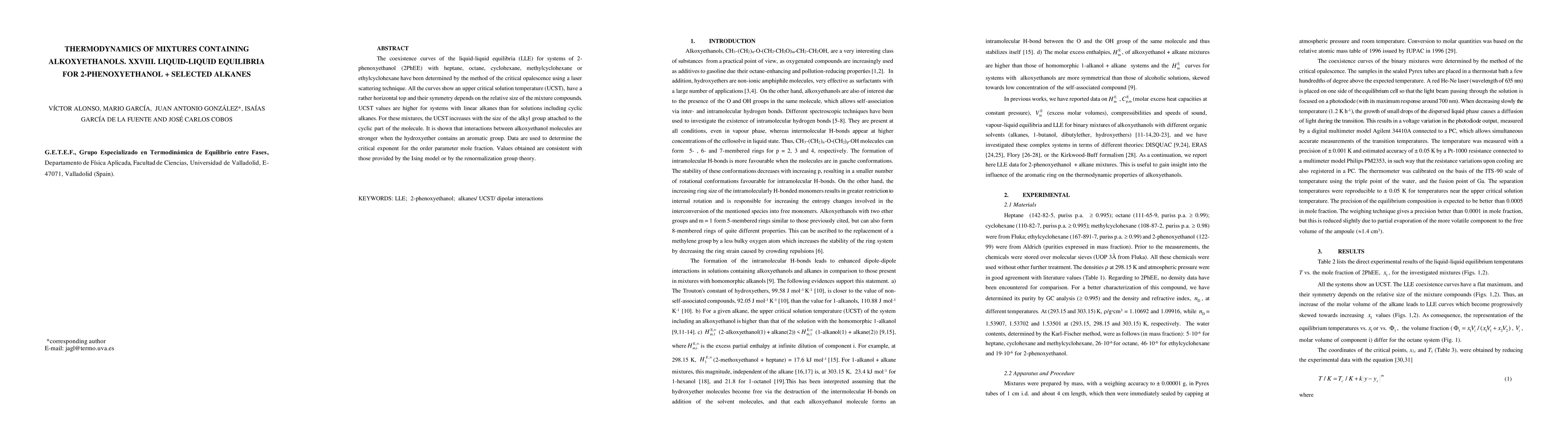 Thumbnail for Thermodynamics of mixtures containing alkoxyethanols. XXVIII:
  Liquid-liquid equilibria for 2-phenoxyethanol + selected alkanes