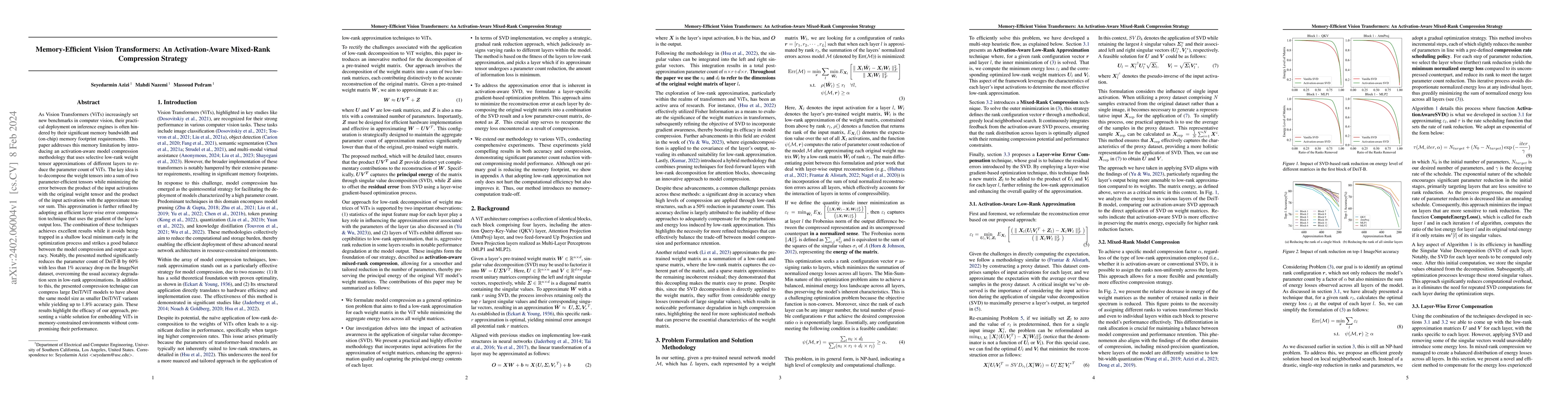 Thumbnail for Memory-Efficient Vision Transformers: An Activation-Aware Mixed-Rank
  Compression Strategy