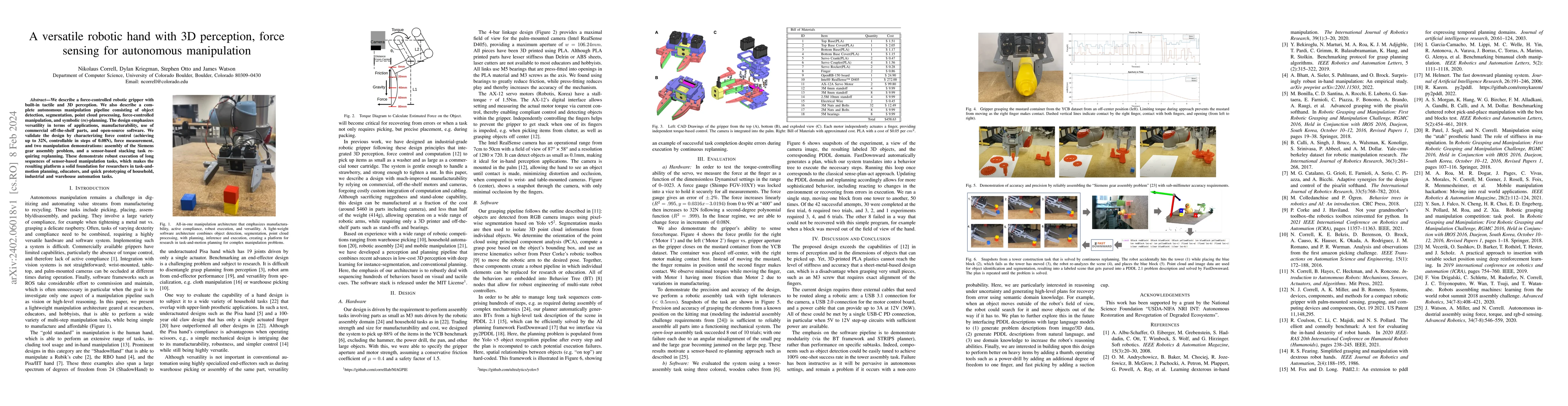 Thumbnail for A versatile robotic hand with 3D perception, force sensing for
  autonomous manipulation