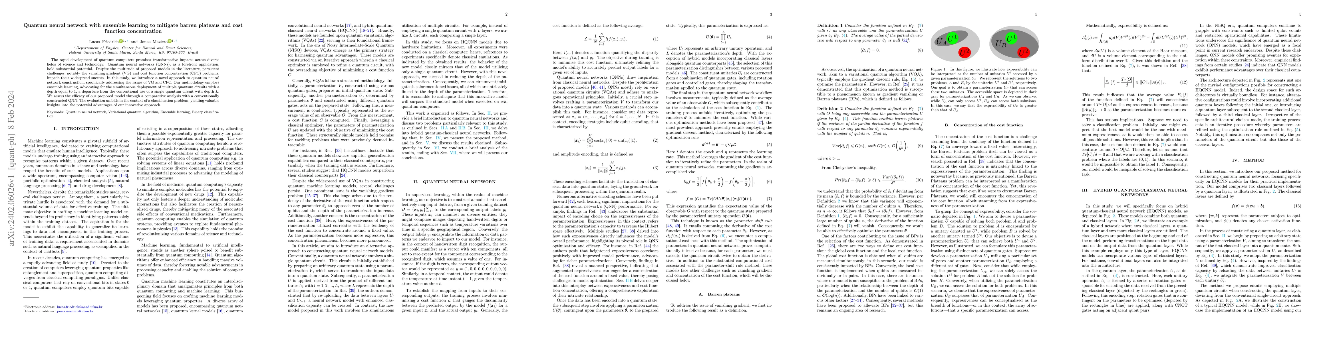 Thumbnail for Quantum neural network with ensemble learning to mitigate barren
  plateaus and cost function concentration