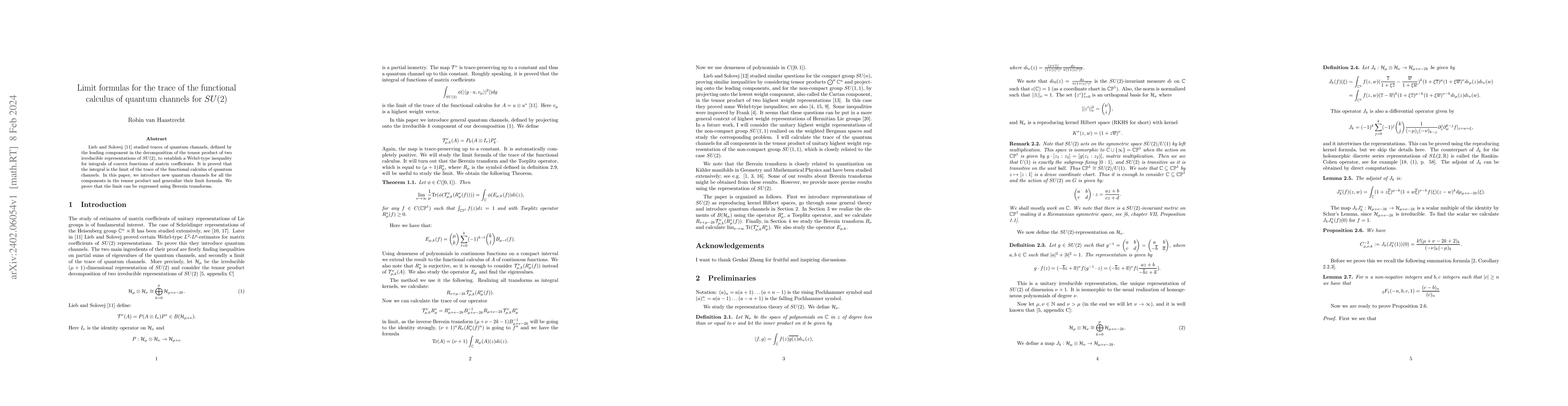 Thumbnail for Limit formulas for the trace of the functional calculus of quantum
  channels for $SU(2)$