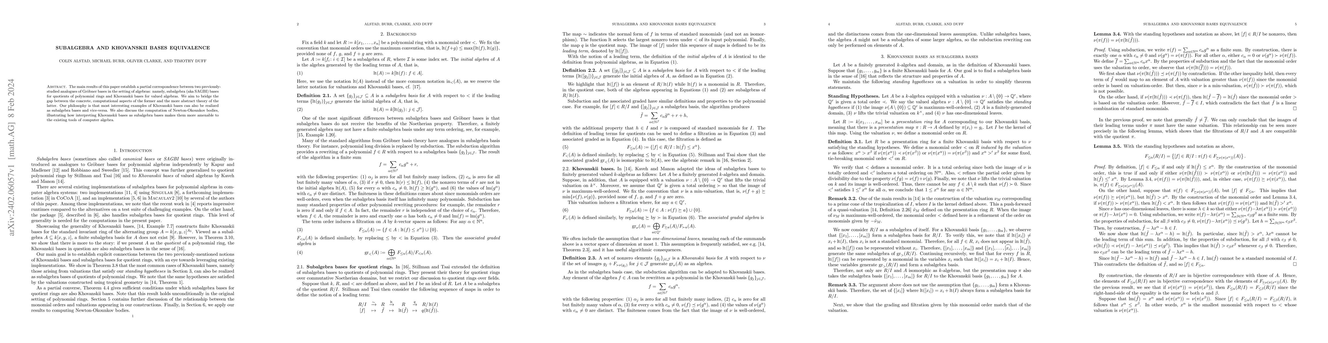 Thumbnail for Subalgebra and Khovanskii bases equivalence