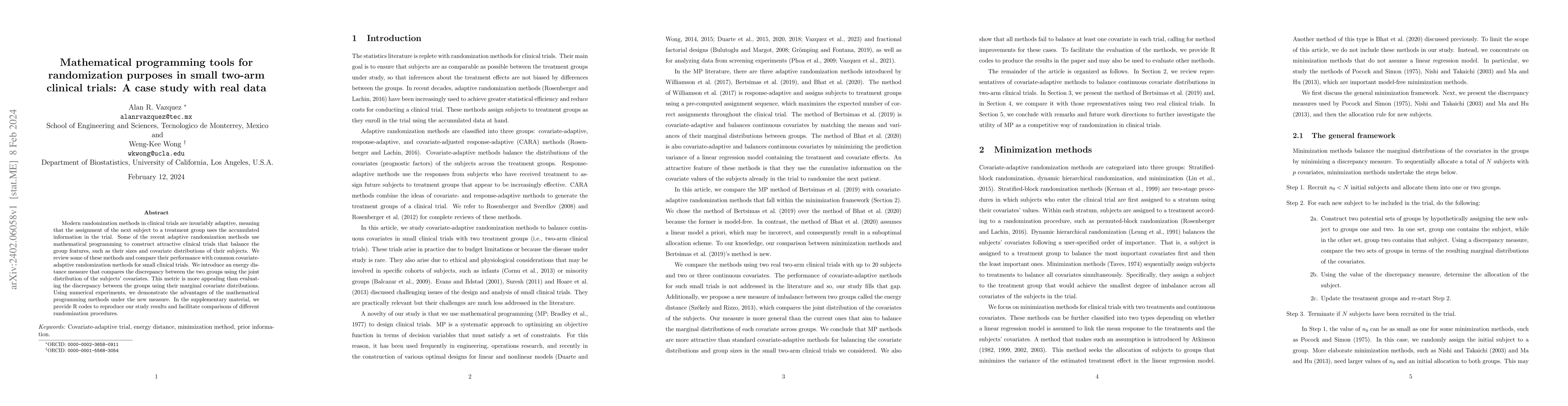 Thumbnail for Mathematical programming tools for randomization purposes in small
  two-arm clinical trials: A case study with real data