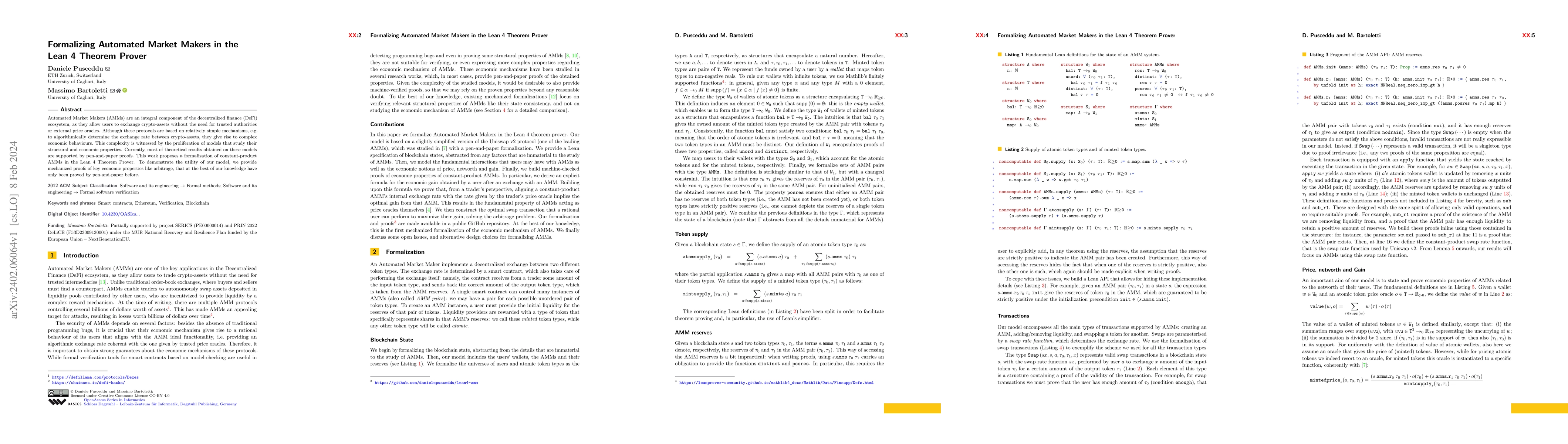 Thumbnail for Formalizing Automated Market Makers in the Lean 4 Theorem Prover