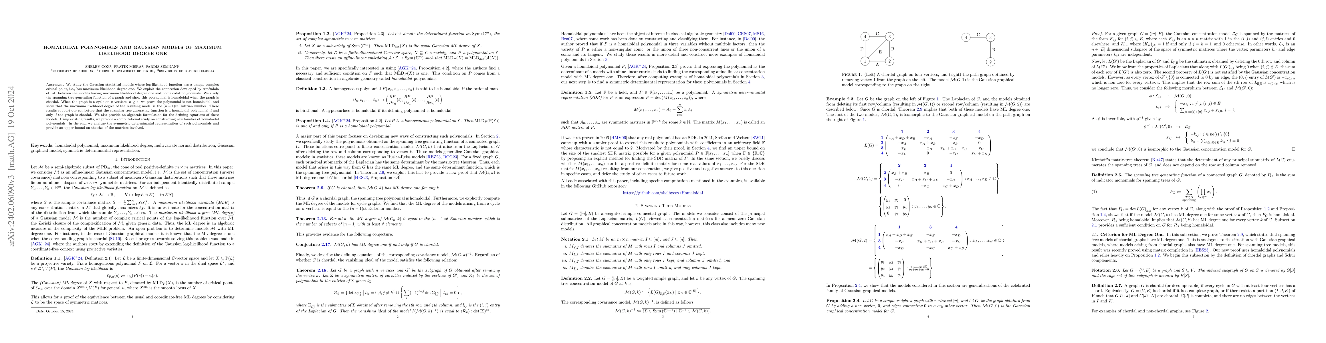 Thumbnail for Homaloidal Polynomials and Gaussian Models of Maximum Likelihood Degree
  One