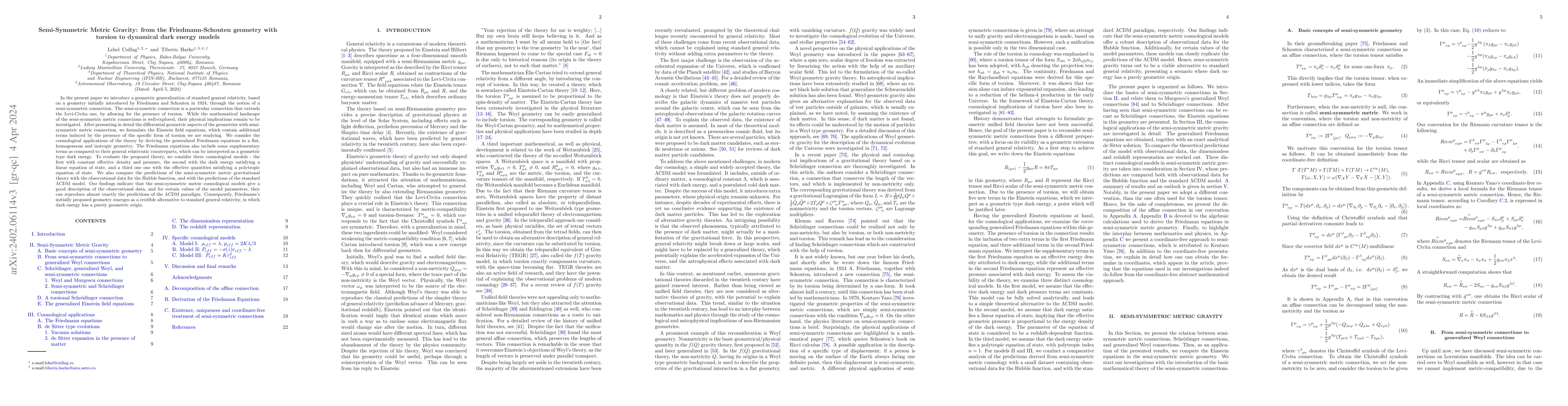 Thumbnail for Semi-Symmetric Metric Gravity: from the Friedmann-Schouten geometry with
  torsion to dynamical dark energy models