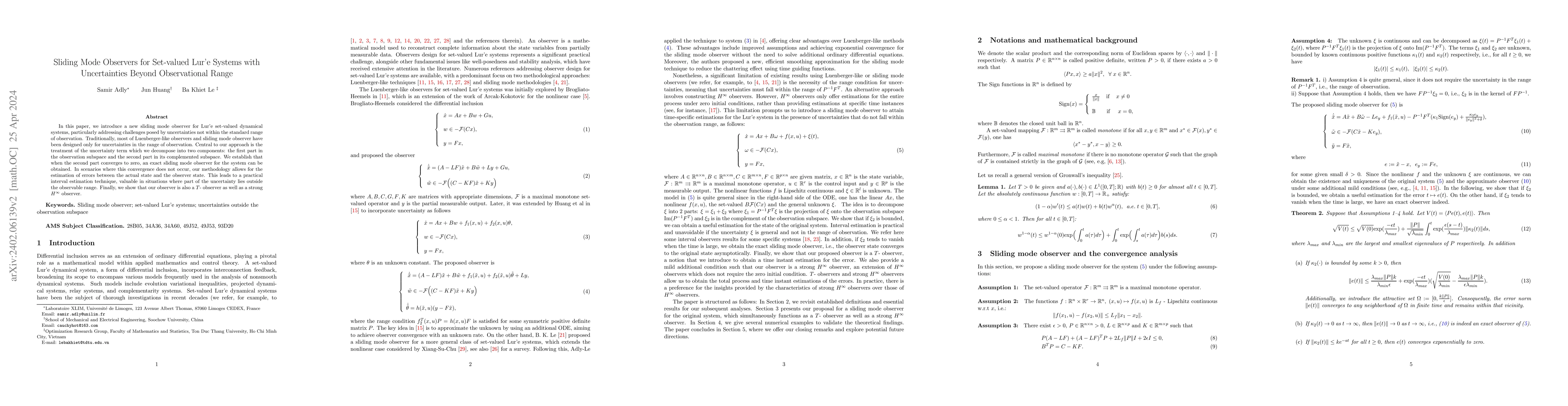 Thumbnail for Sliding Mode Observers for Set-valued Lur'e Systems with Uncertainties
  Beyond Observational Range