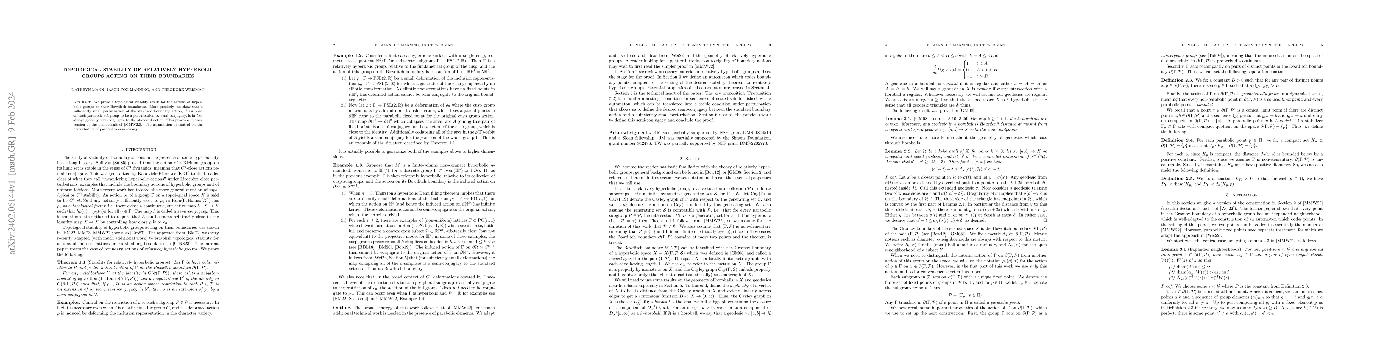Thumbnail for Topological stability of relatively hyperbolic groups acting on their
  boundaries