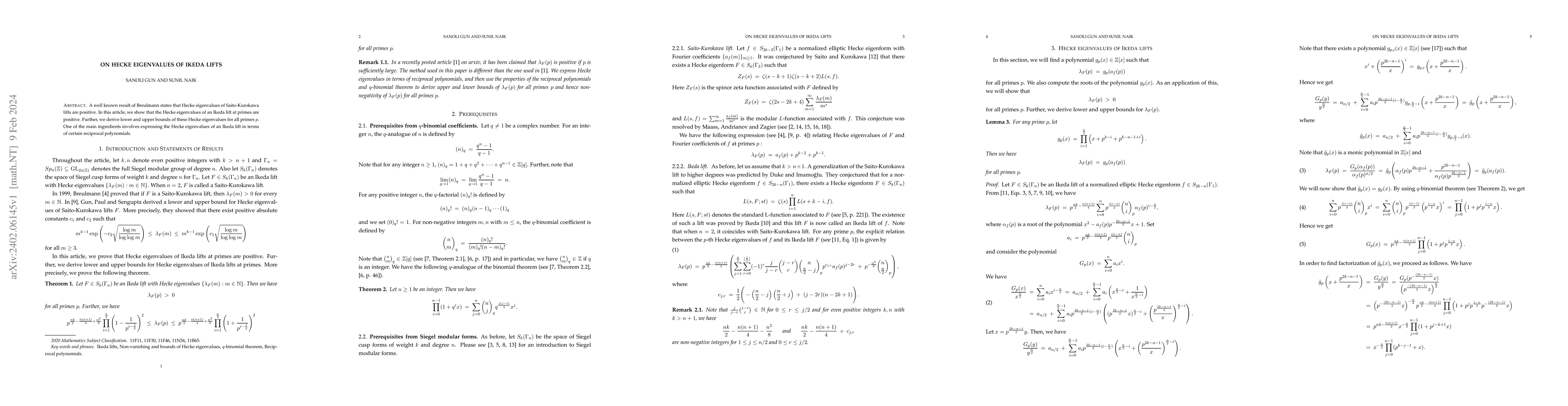 Thumbnail for On Hecke eigenvalues of Ikeda lifts