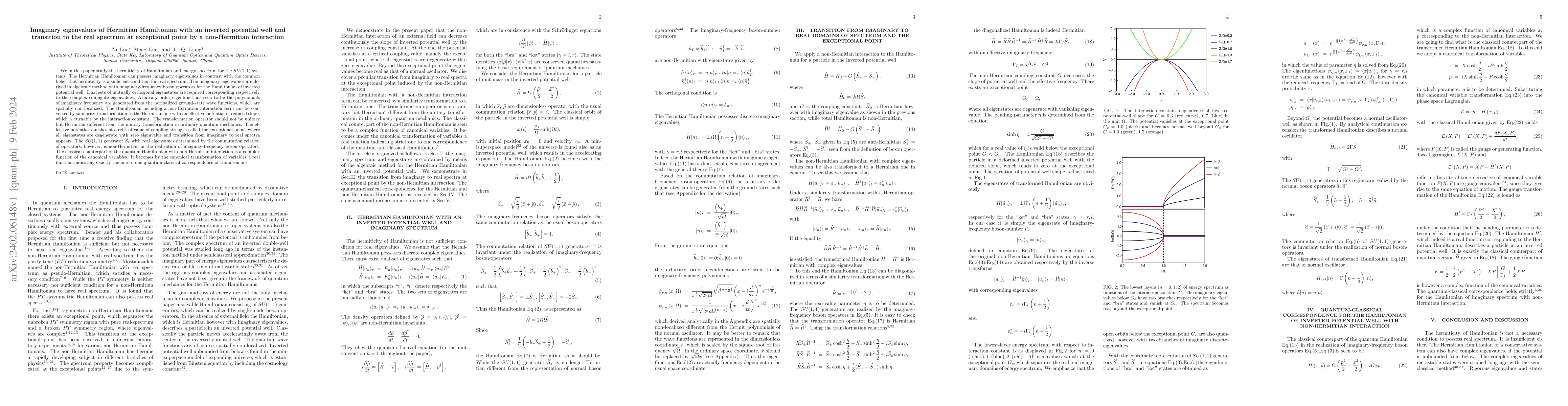 Thumbnail for Imaginary eigenvalues of Hermitian Hamiltonian with an inverted
  potential well and transition to the real spectrum at exceptional point by a
  non-Hermitian interaction