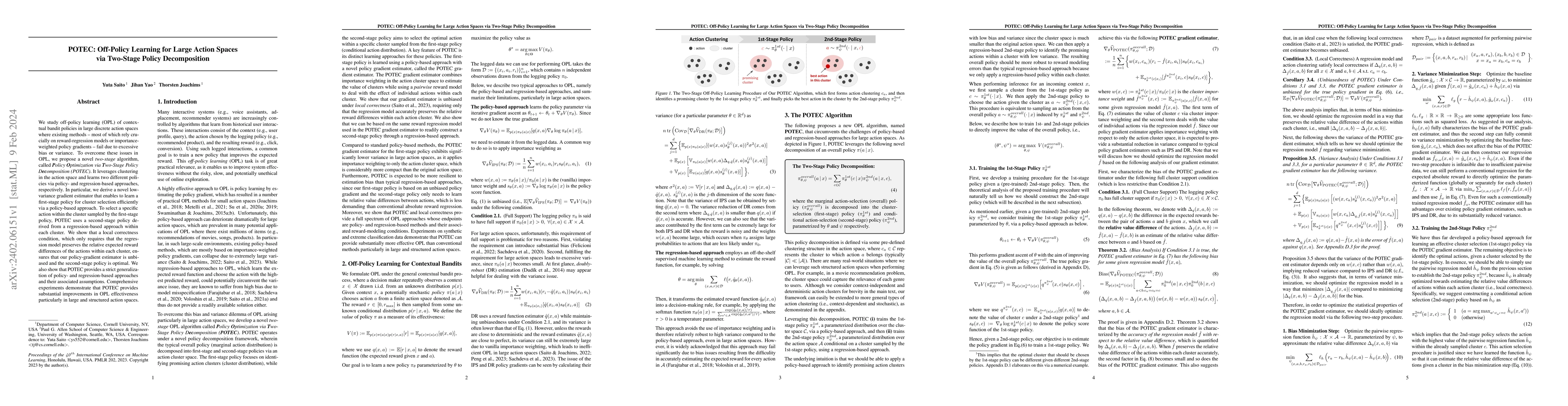 Thumbnail for POTEC: Off-Policy Learning for Large Action Spaces via Two-Stage Policy
  Decomposition