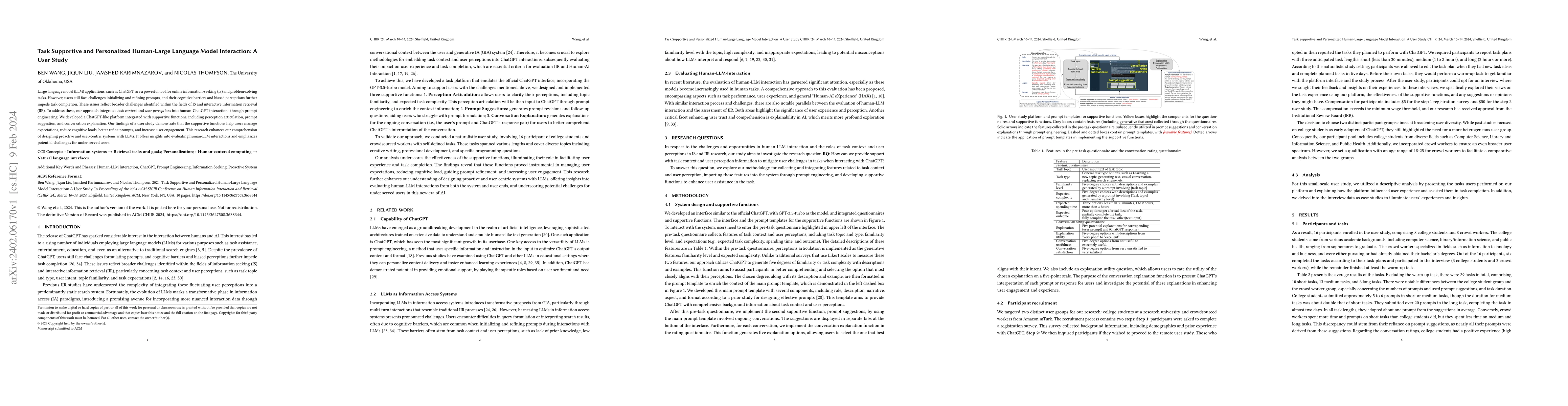 Thumbnail for Task Supportive and Personalized Human-Large Language Model Interaction:
  A User Study