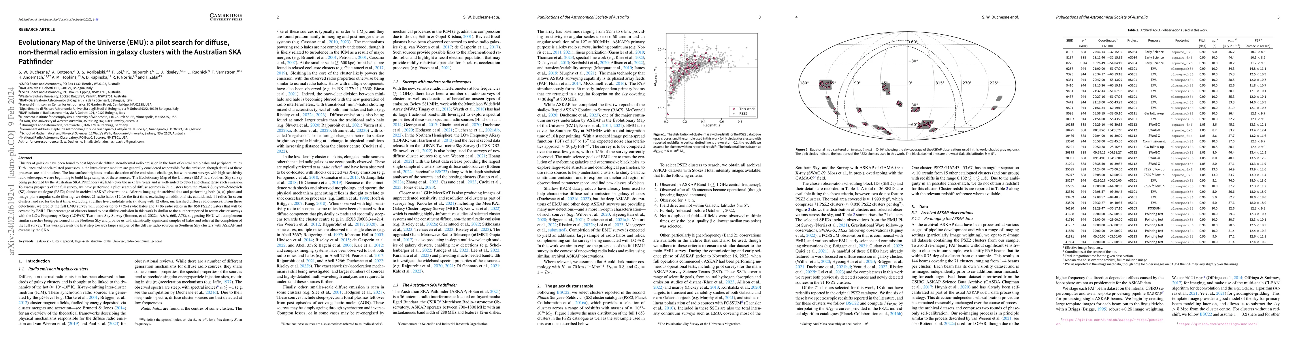 Thumbnail for Evolutionary Map of the Universe (EMU): a pilot search for diffuse,
  non-thermal radio emission in galaxy clusters with the Australian SKA
  Pathfinder