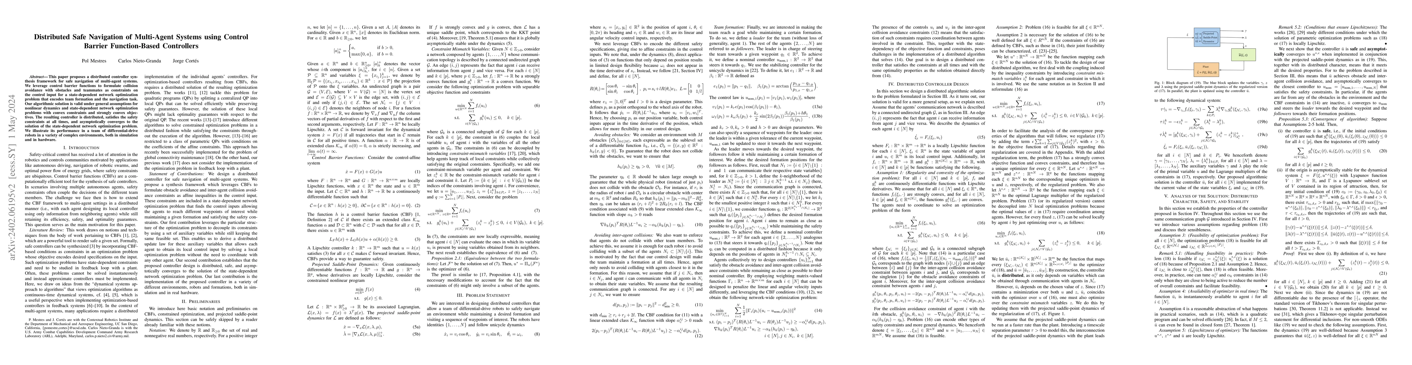 Thumbnail for Distributed Safe Navigation of Multi-Agent Systems using Control Barrier
  Function-Based Optimal Controllers