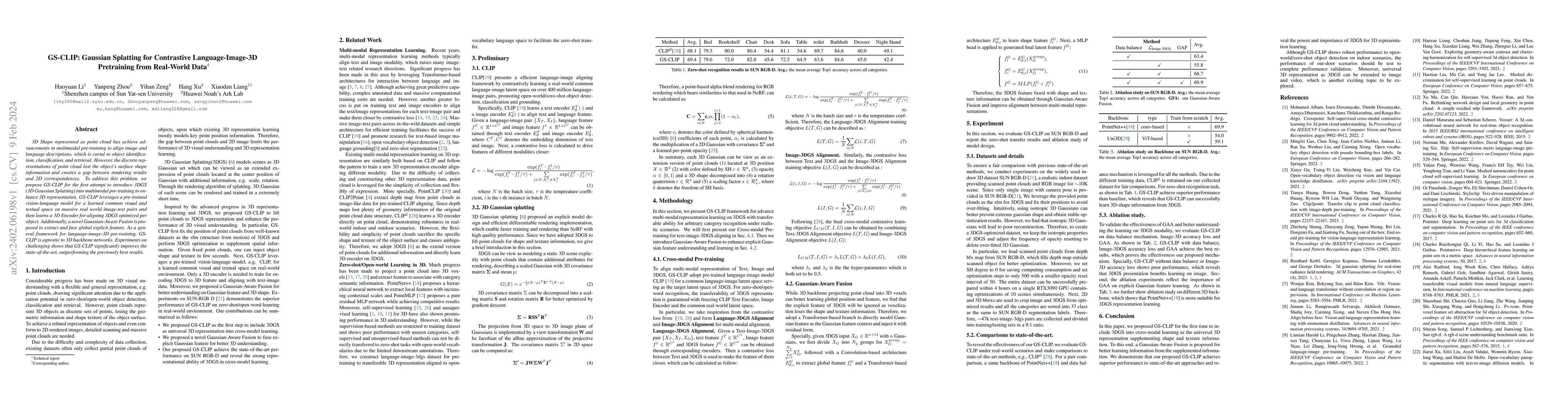 Thumbnail for GS-CLIP: Gaussian Splatting for Contrastive Language-Image-3D
  Pretraining from Real-World Data