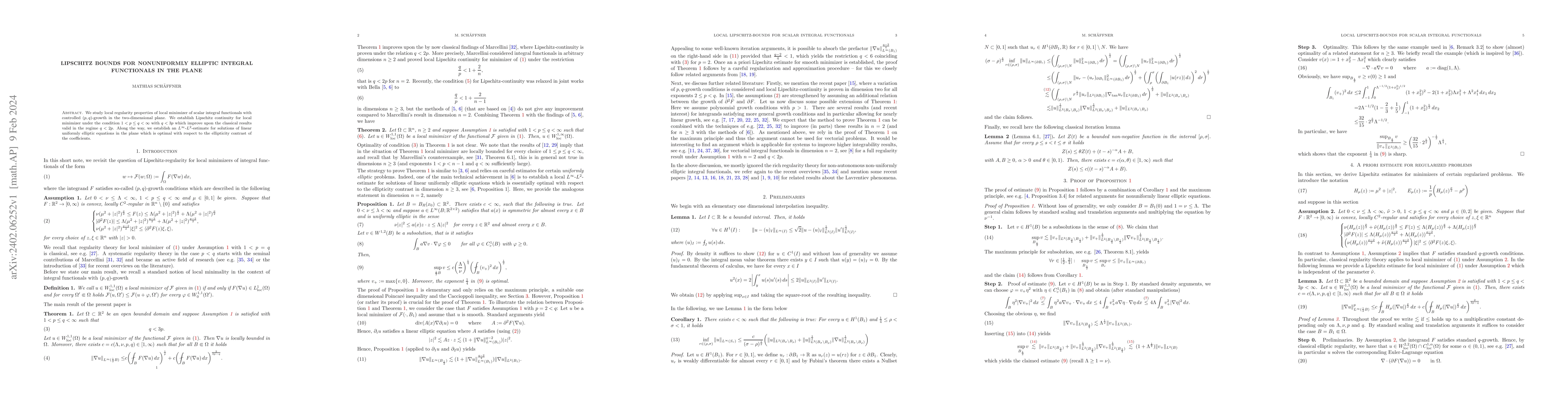 Thumbnail for Lipschitz bounds for nonuniformly elliptic integral functionals in the
  plane