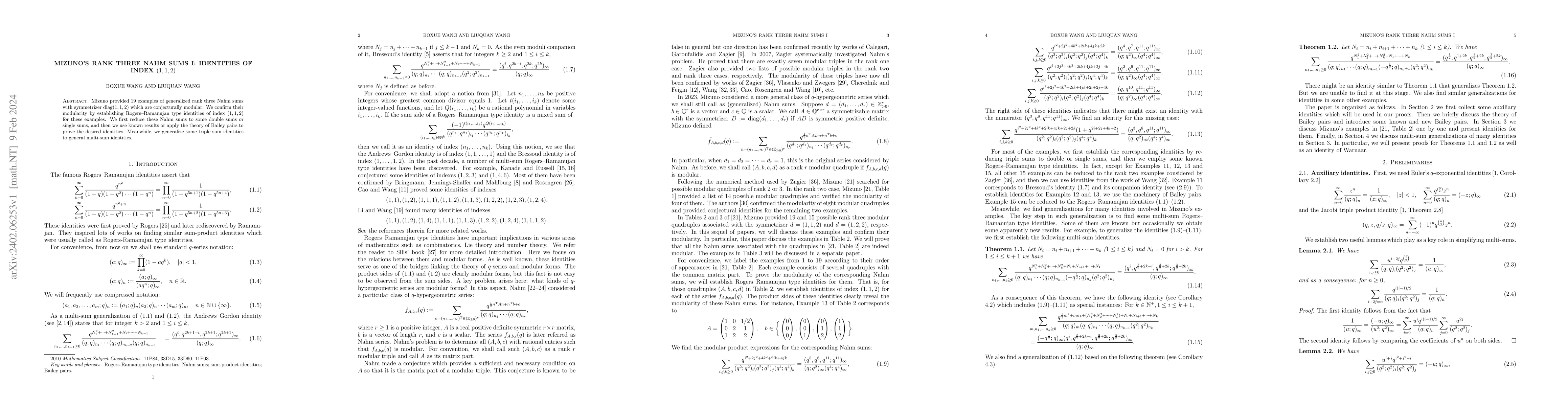 Thumbnail for Mizuno's rank three Nahm sums I: identities of index $(1,1,2)$