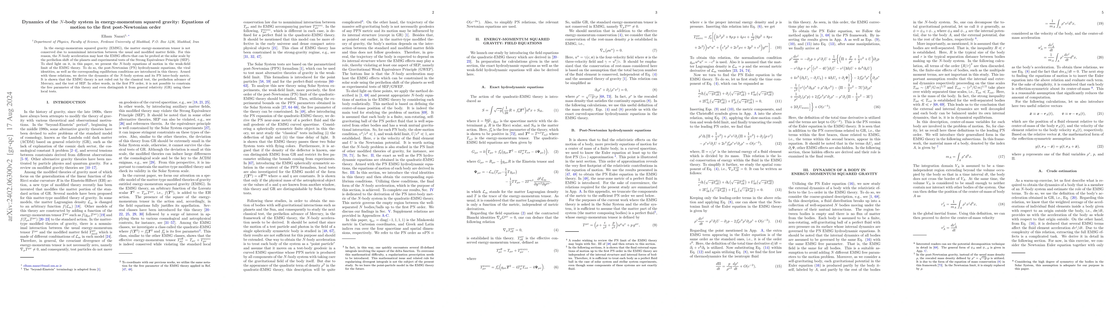 Thumbnail for Dynamics of the $N$-body system in energy-momentum squared gravity:
  Equations of motion to the first post-Newtonian order