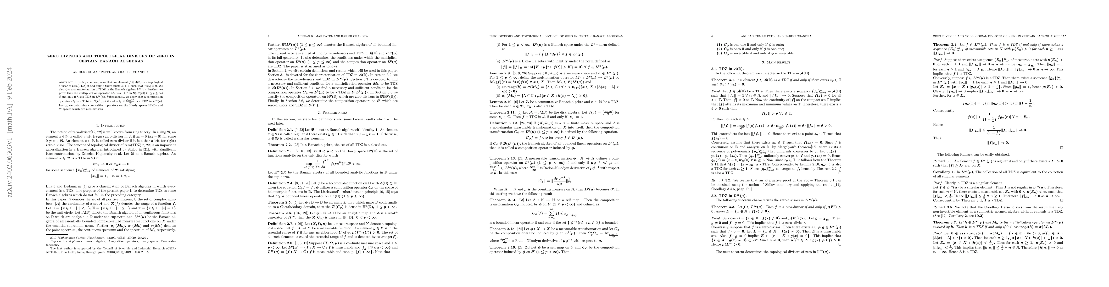 Thumbnail for Zero divisors and topological divisors of zero in certain Banach
  algebras